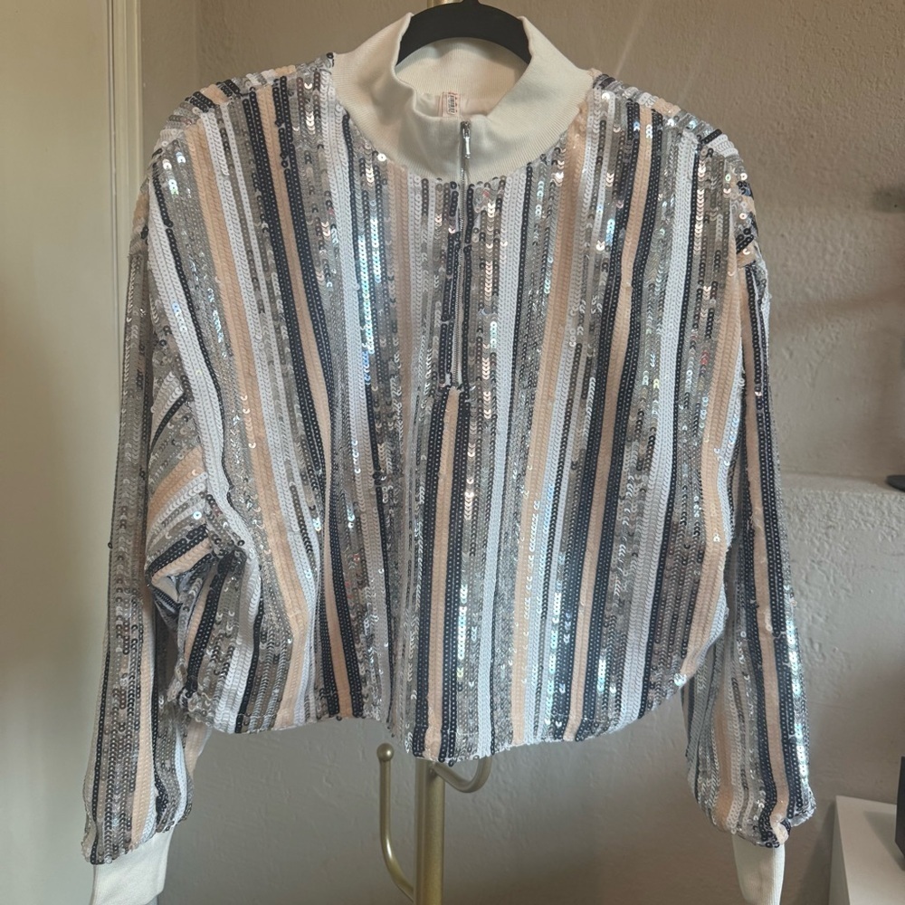 Anthropologie Raga Lunar Half-Zip Sequin Track Jacket w/Cinch Waist - Size Small - Picture 1 of 15